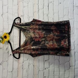 Tribal Jeans tank sequin v-neck floral black pink maroon Sz PS